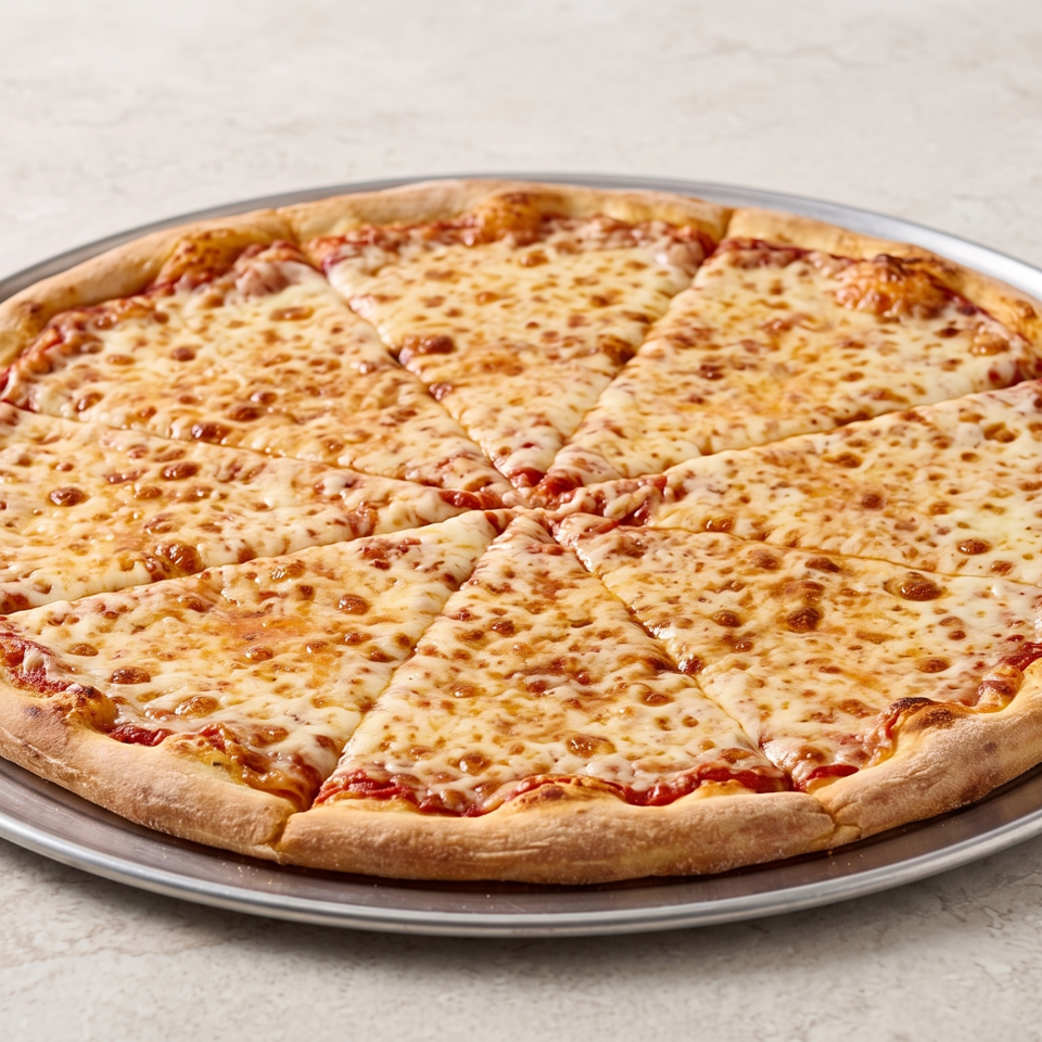 Large cheese pizza with golden crust, sliced into wedges, served on a metal tray.