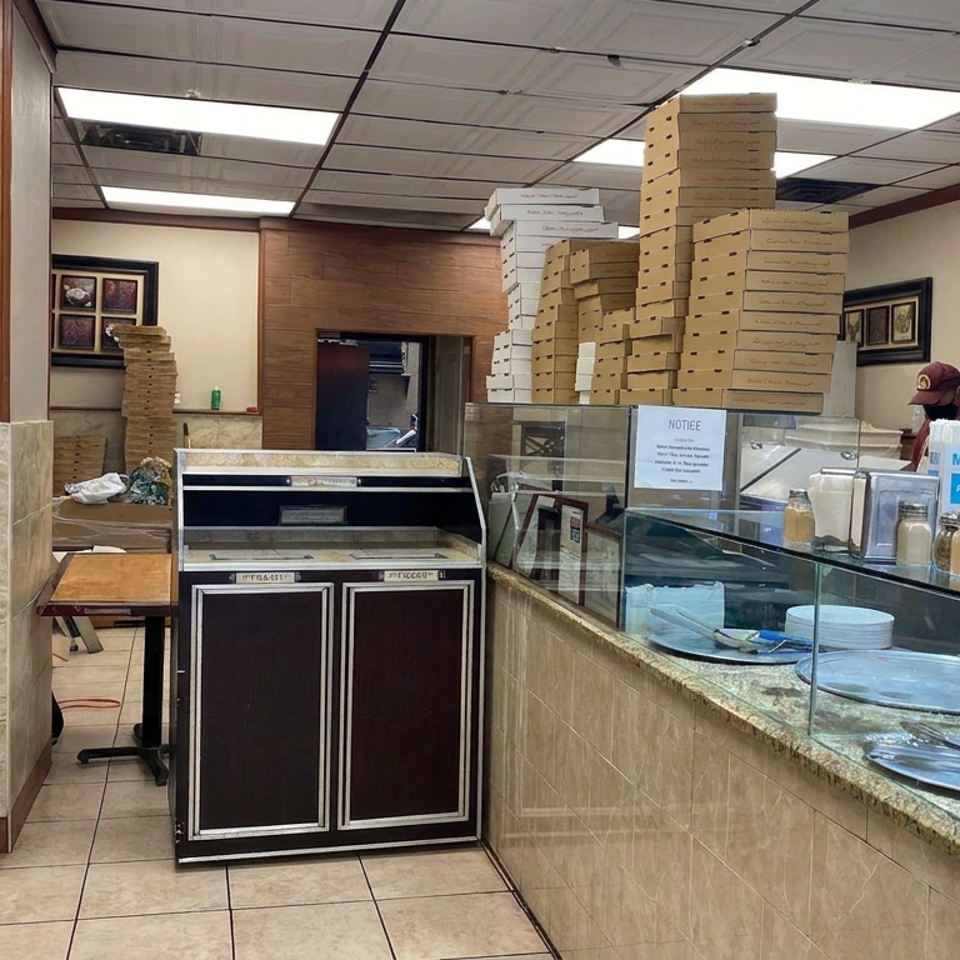 Sal and Paul's Pizza counter with stacked pizza boxes, display cases, menu board, and masked staff preparing food.