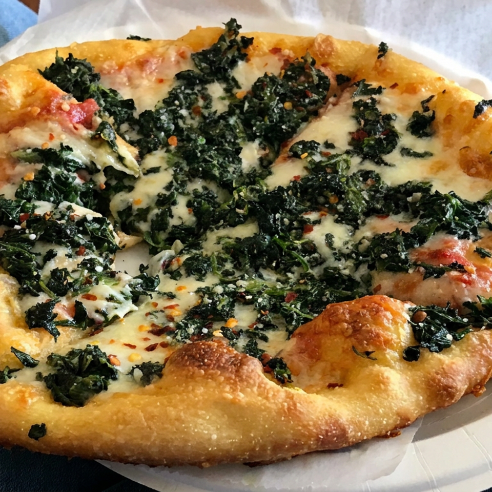 Golden-crusted pizza topped with melted cheese, leafy greens, tomato, red pepper flakes, and sesame seeds on a paper plate.