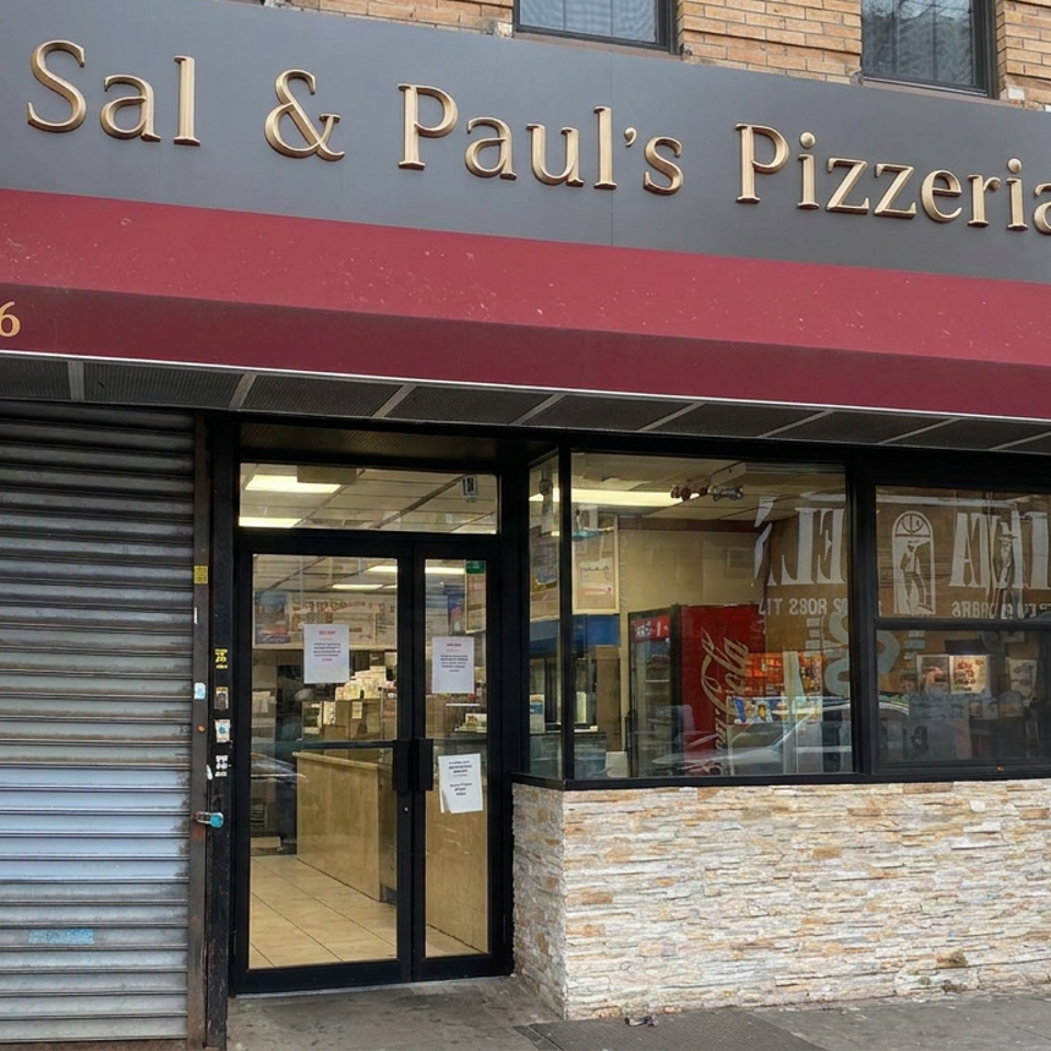 Street-level view of Sal & Paul's Pizzeria storefront with red awning, glass entrance, stone facade, and neighboring shops.