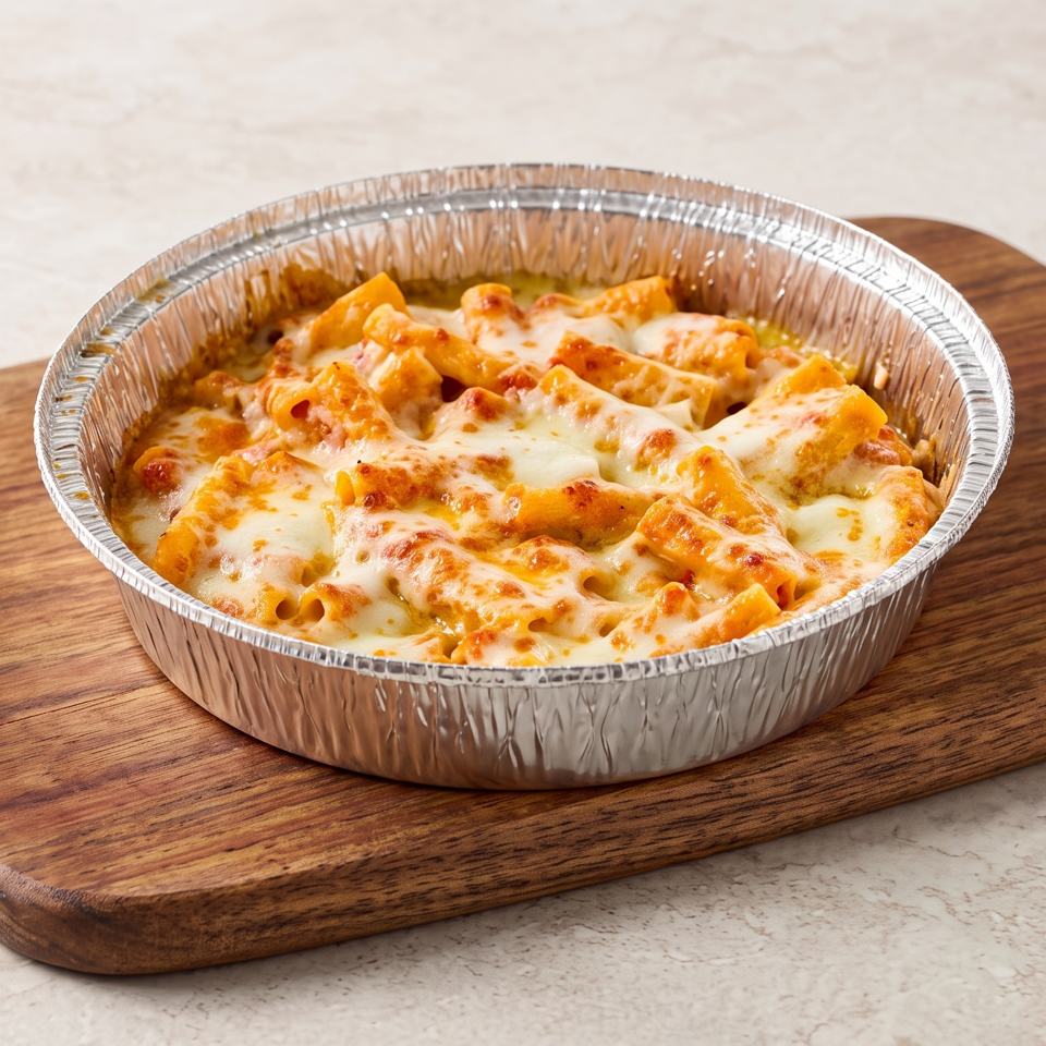 Baked pasta covered with melted, golden cheese in a disposable foil pan on a wooden serving board.