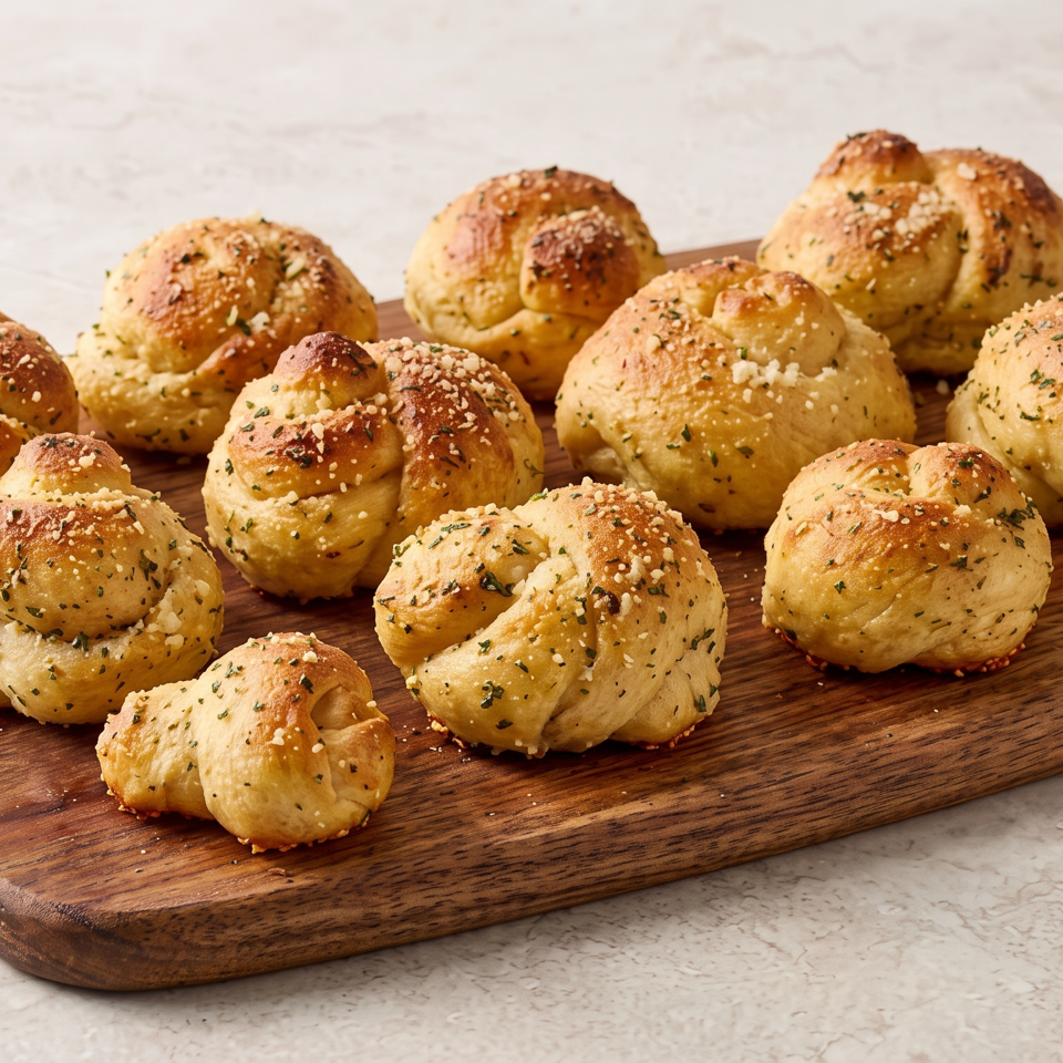 Golden herb- and cheese-topped dinner rolls arranged on a wooden serving board.