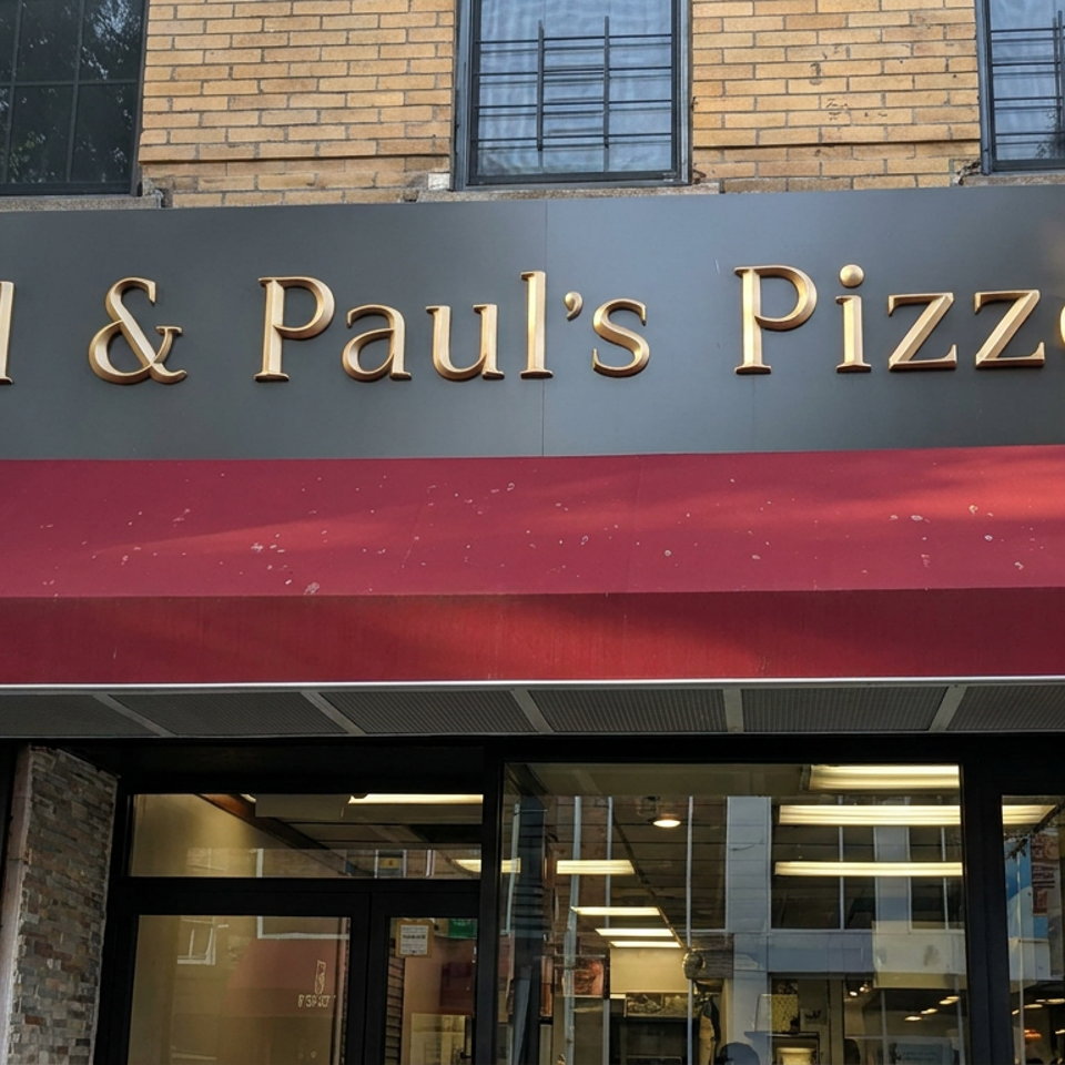 Exterior of Sal & Paul's Pizzeria featuring a large gold-lettered sign, red awning, brick facade, and glass entrance.