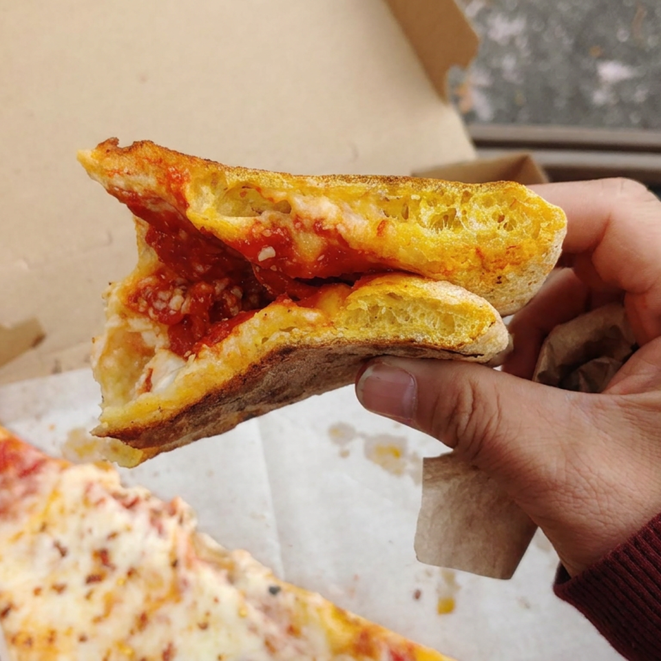 Hand holding a folded slice of cheesy, saucy pizza above an open cardboard pizza box outdoors.