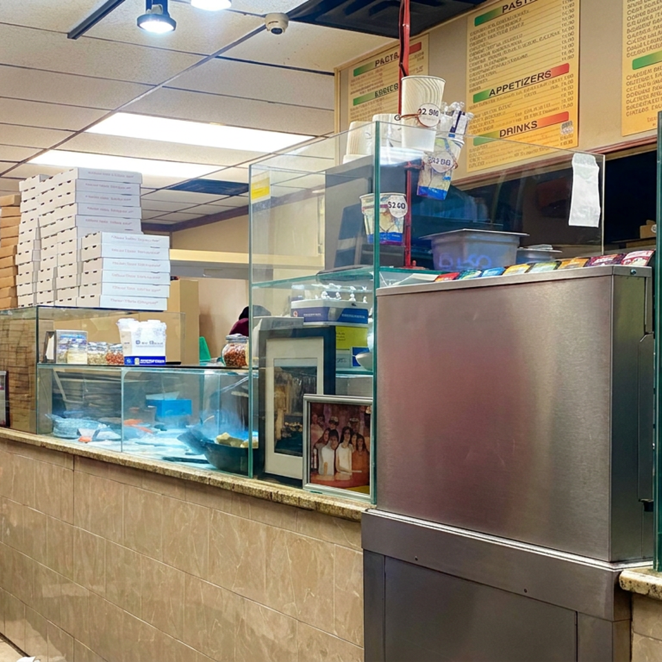 Busy Italian pizzeria counter with stacked pizza boxes, menu boards, display cases, and staff serving customers.