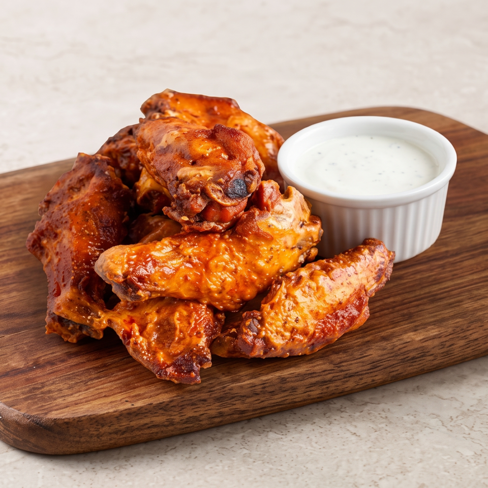 Buffalo chicken wings served with creamy dipping sauce on a wooden serving board.