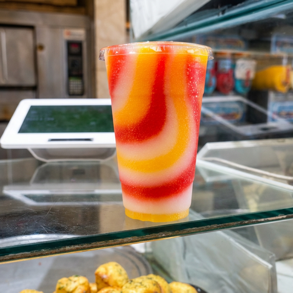 Layered red, orange, and yellow frozen drink in a clear cup displayed on a glass restaurant counter.