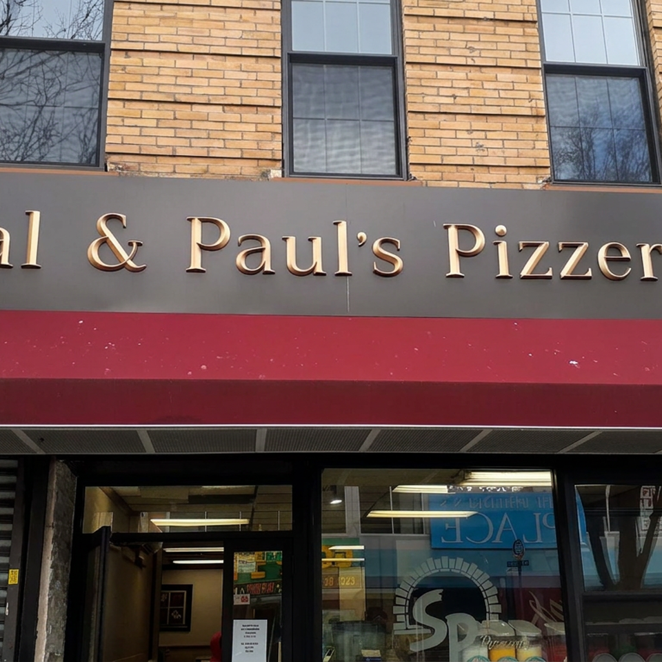 Exterior of Sal & Paul's Pizzeria with brick facade, red awning, storefront windows, address 1686, and phone number displayed.