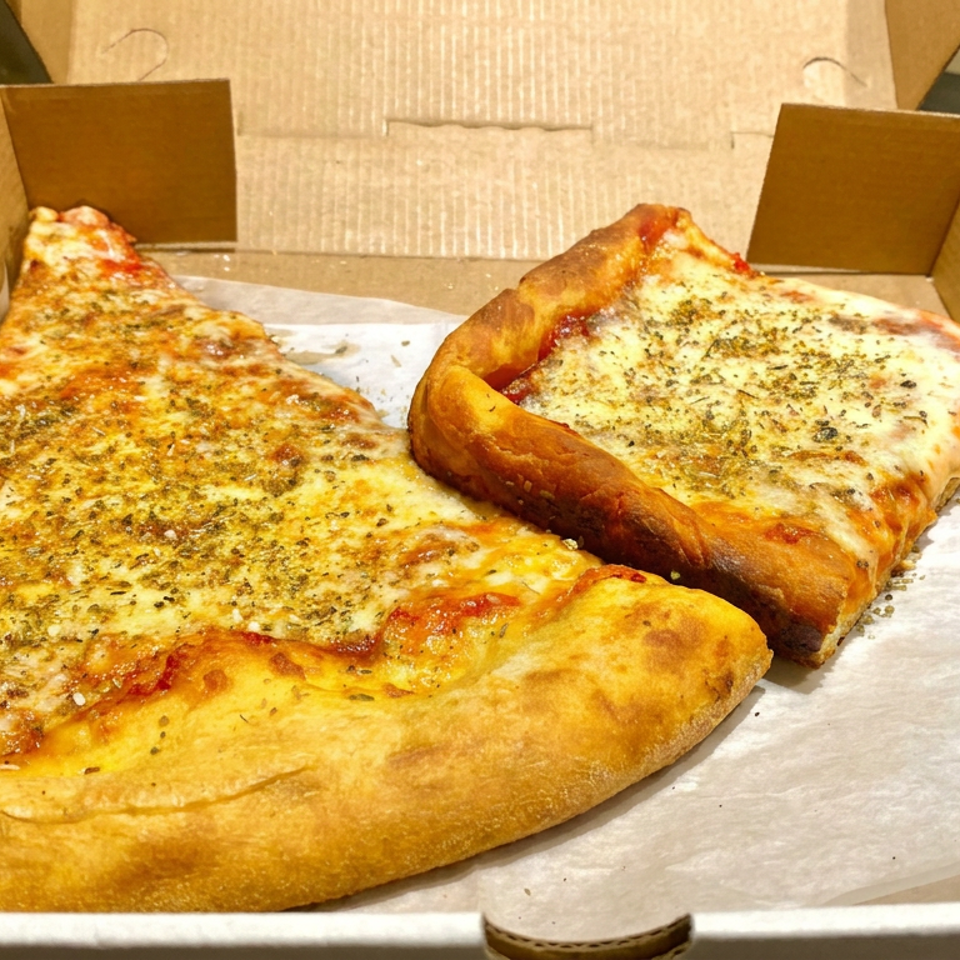 Two herb-seasoned cheese pizza slices, including a rectangular slice, sit in an open cardboard box.