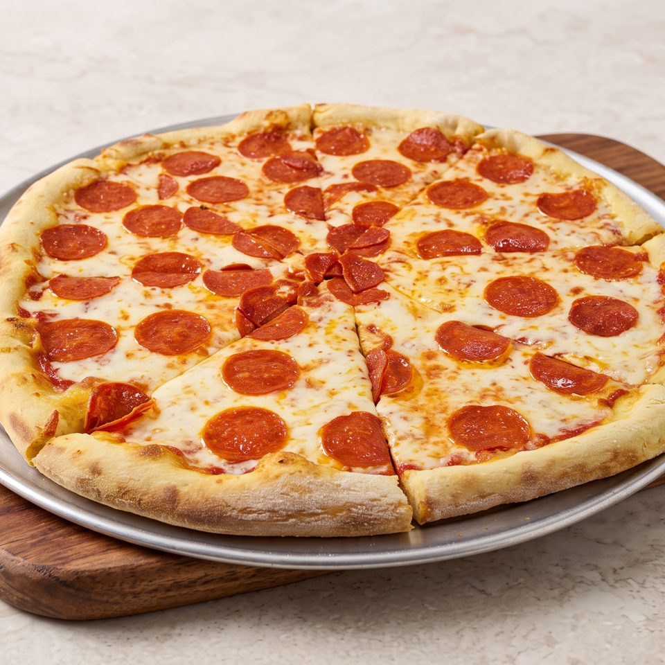 Pepperoni pizza with melted cheese on a metal tray atop a wooden serving board.